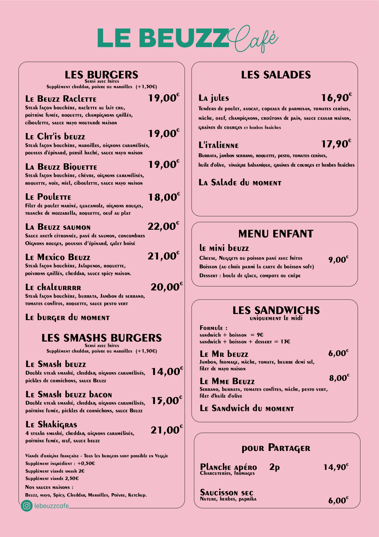 carte du restaurant Le Beuzz Café - recto