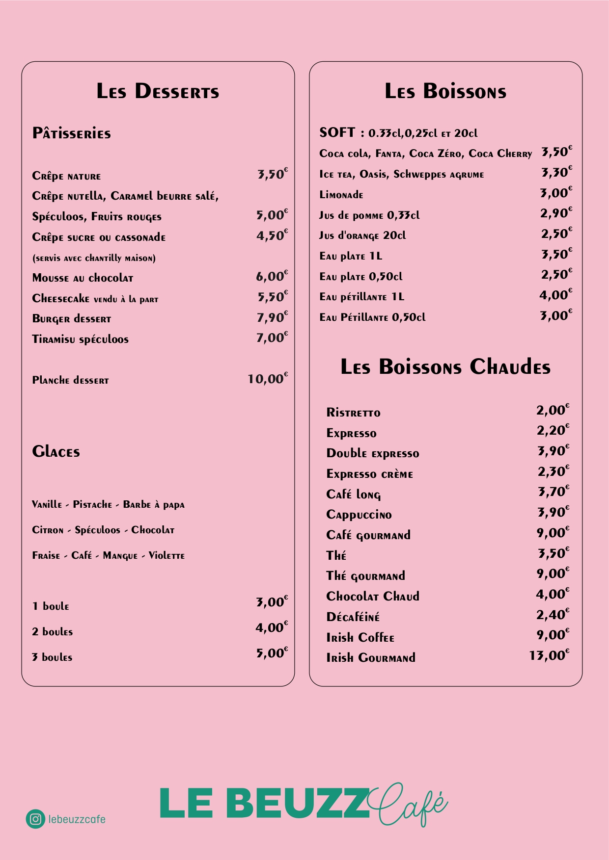 carte du restaurant Le Beuzz Café - verso