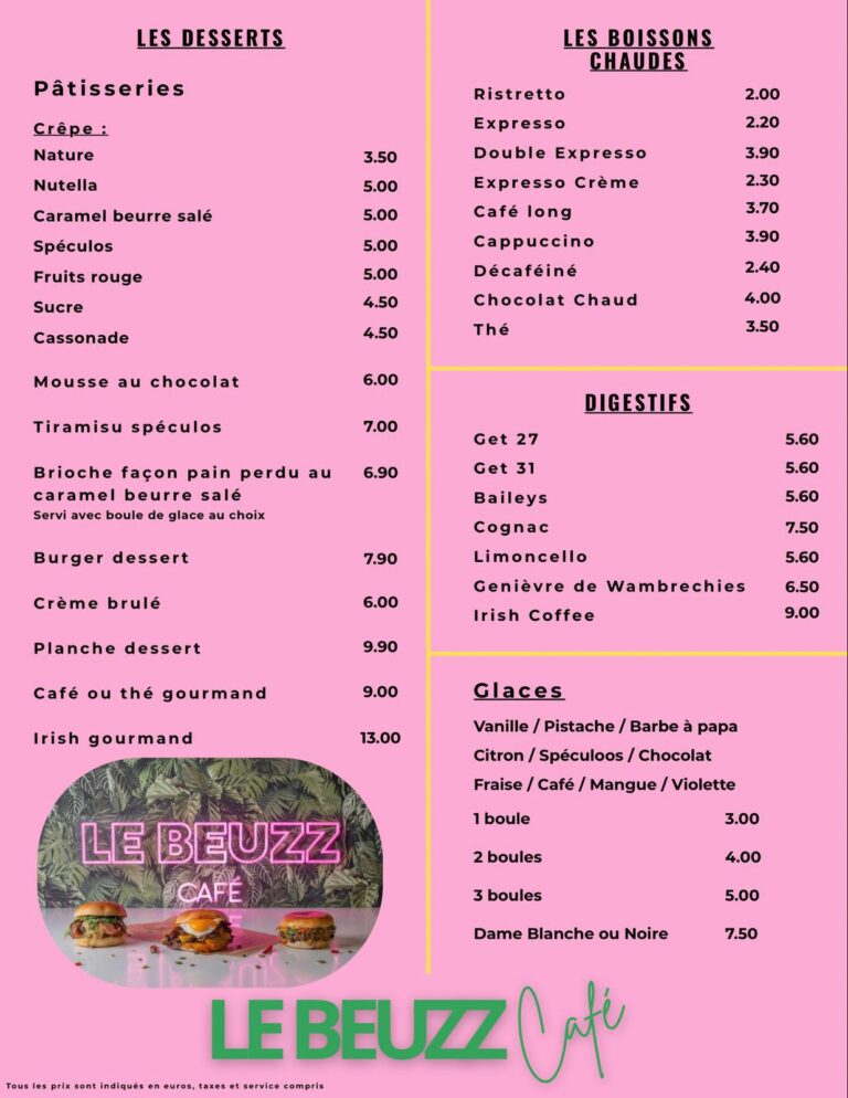 carte du restaurant Le Beuzz Café - recto