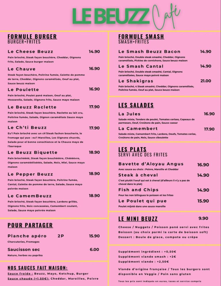 carte du restaurant Le Beuzz Café - recto