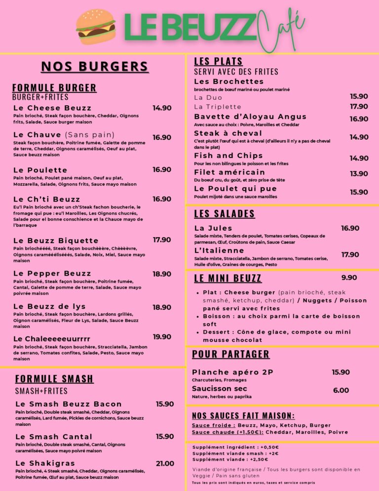 carte du restaurant Le Beuzz Café - recto