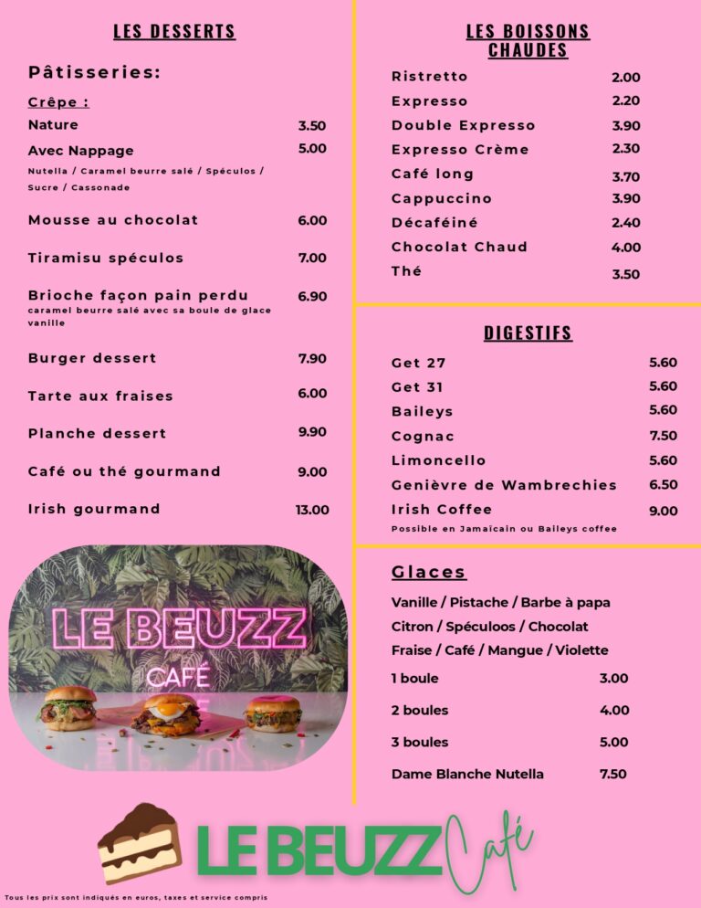 carte du restaurant Le Beuzz Café - recto